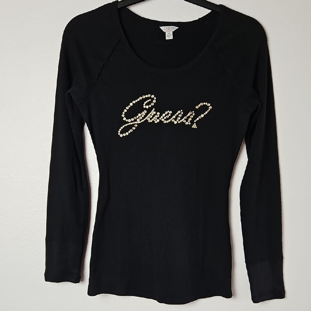 Guess Black Long Sleeve Tee with Gold Accents Size L